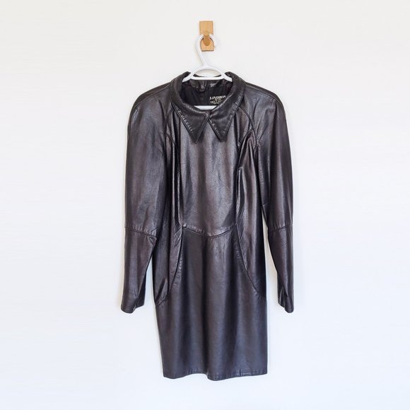 Lindzon by Bellissimo - Retro Black Leather Dress with Pointed Colar - GUC - Picture 1 of 16